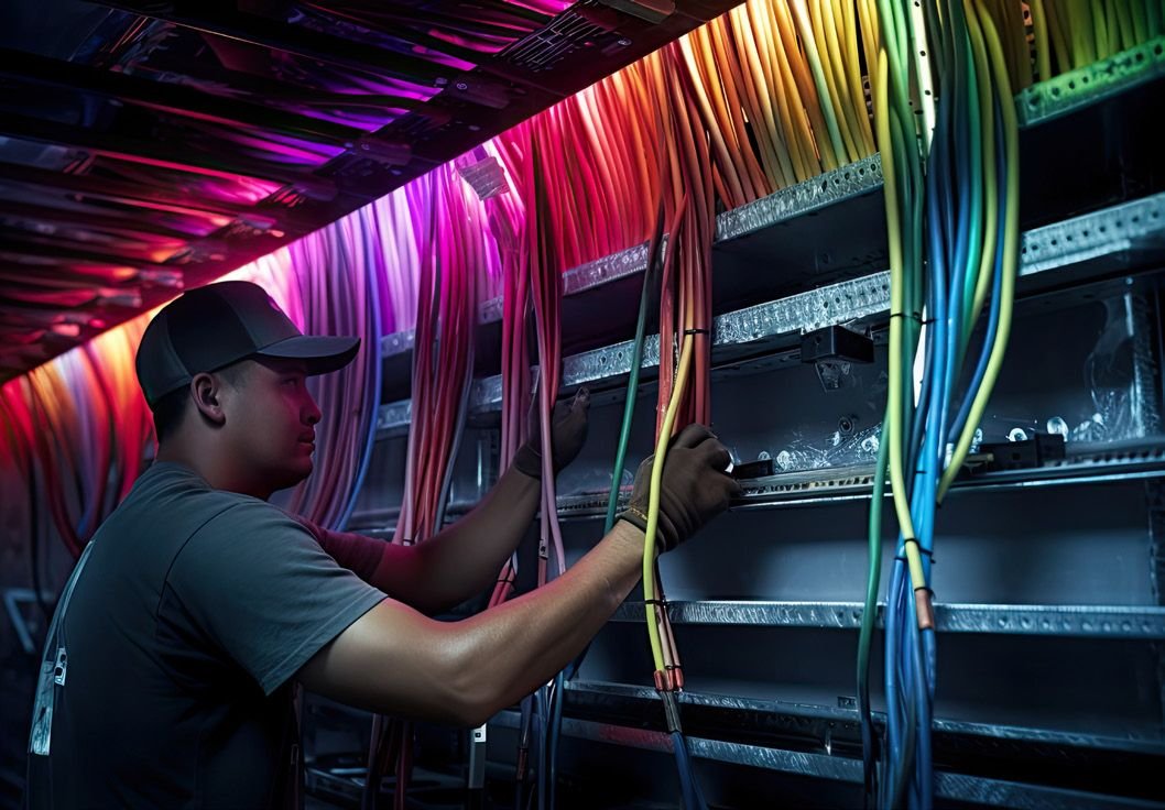 Technician organising network cables in a server rack